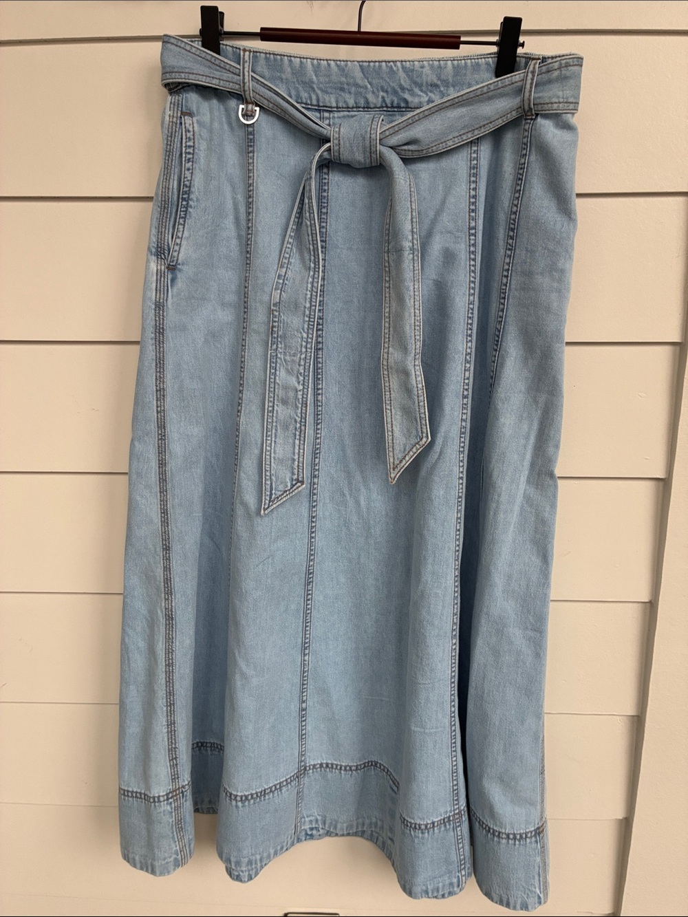 LOFT Light Blue Denim A-Line Maxi Skirt with belt.